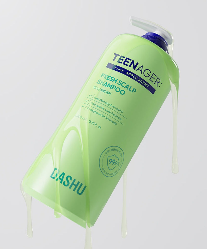 DASHU Daily Teenager Fresh Youth Scalp Care Shampoo 1000ml, bouteille verte TENAGER sur fond blanc, marque DASHU, visuel produit