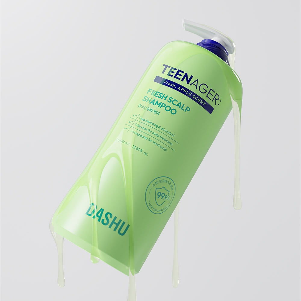 DASHU Daily Teenager Fresh Youth Scalp Care Shampoo 1000ml, bouteille verte TENAGER sur fond blanc, marque DASHU, visuel produit