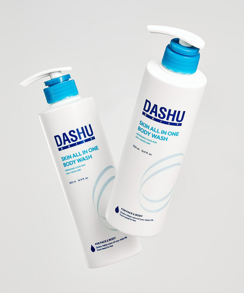 Deux bouteilles de DASHU Daily Skin All-in-One Body Wash 500ml avec pompe bleue.