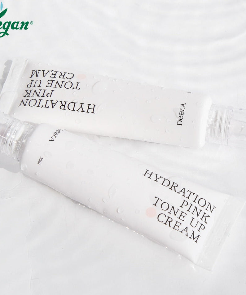 Crème DEAR.A Hydration Pink Tone-Up 30ml, cosmétique vegan, hydratation naturelle, embellissement teint rose, format compact.