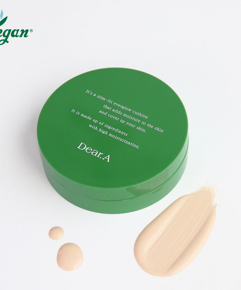 Coussin DEAR.A Slim Fit Everglow 10g avec boîte verte, maquillage crème végétalien.