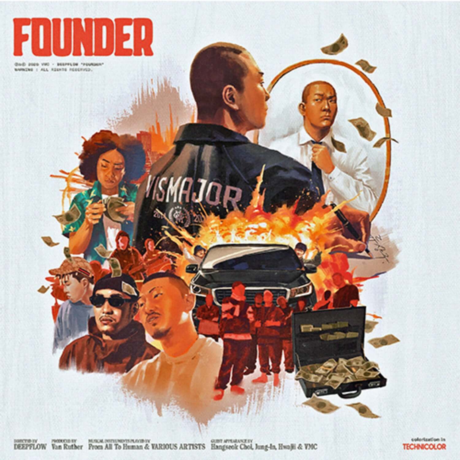 DEEPFLOW - 4th Album [FOUNDER] (Standard) - Album Kpop : cover visuelle avec groupe, voiture, cash, billets et explosions.