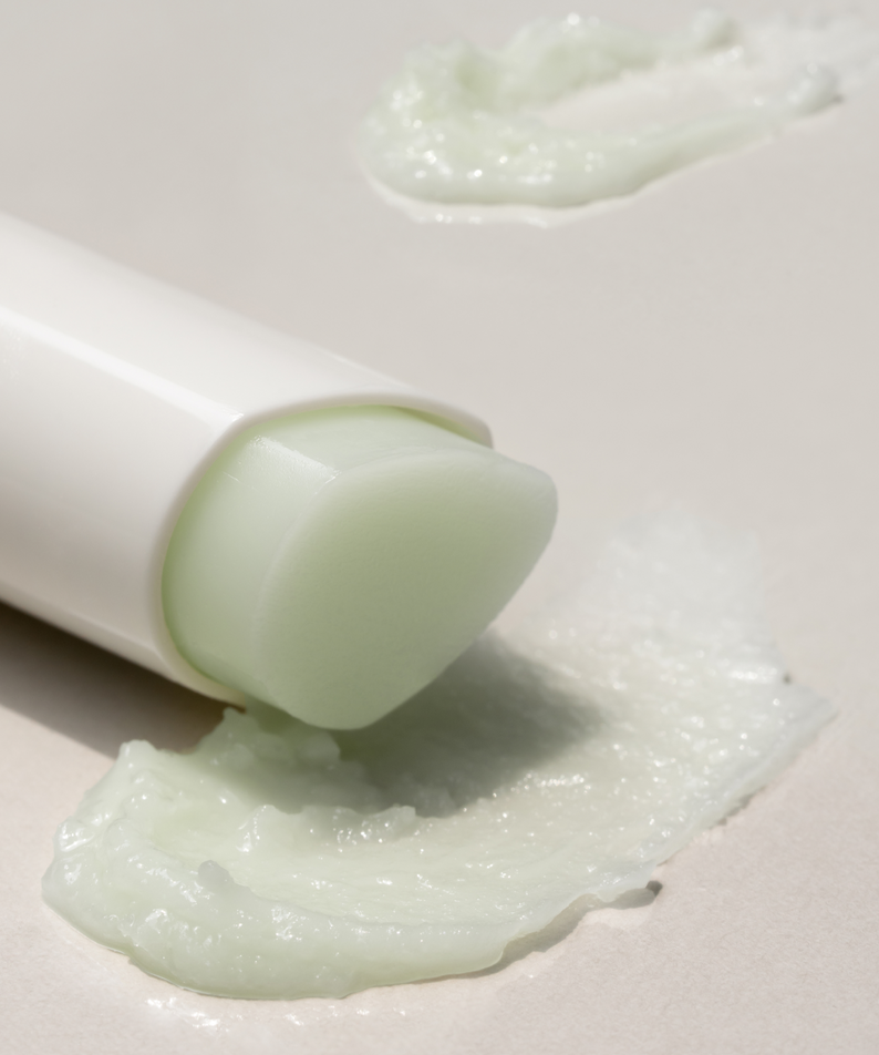 DE:MAF Eye Glow Jojoba Oil Multi Balm 9g de marque DE:MAF, baume crème vert appliqué près de l’œil, texture au gros plan.