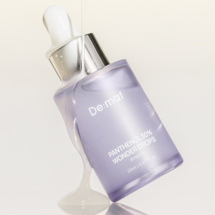 DE:MAF Panthenol 30% Wonder Drops 20ml, marque De:maf, flacon violet sur fond clair, gouttes de sérum panthénol