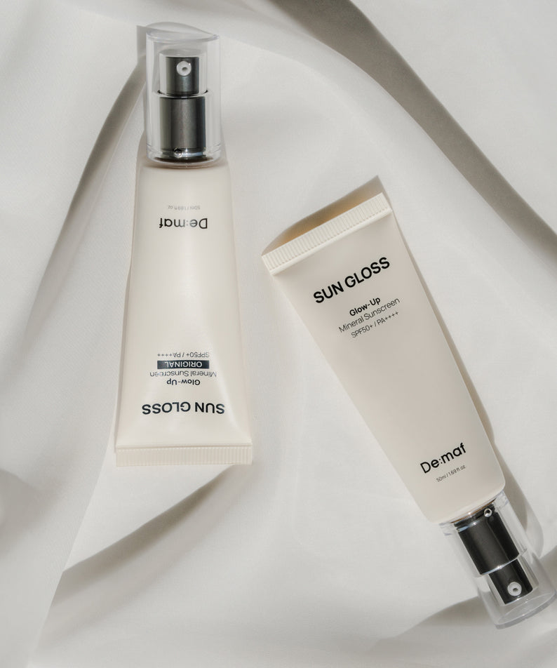 DE:MAF Sun Gloss Glow Up Non-Glowing Sunscreen 50ml de la marque DE:MAF, sur fond blanc, packaging SUN GLOSS.