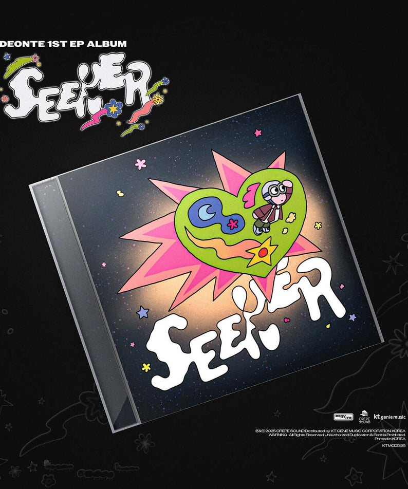 DEONTE - 1ST EP ALBUM [SEEKER] - Album Kpop, pochette noire avec illustration colorée “SEEKER” et DEONTE