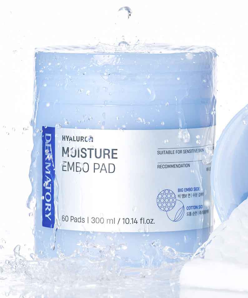 DERMATORY Hyaluronic Moisture Embo Pad 60 pads, hydratation profonde pour peau sensible. Dermatologie soin visage innovant en France.
