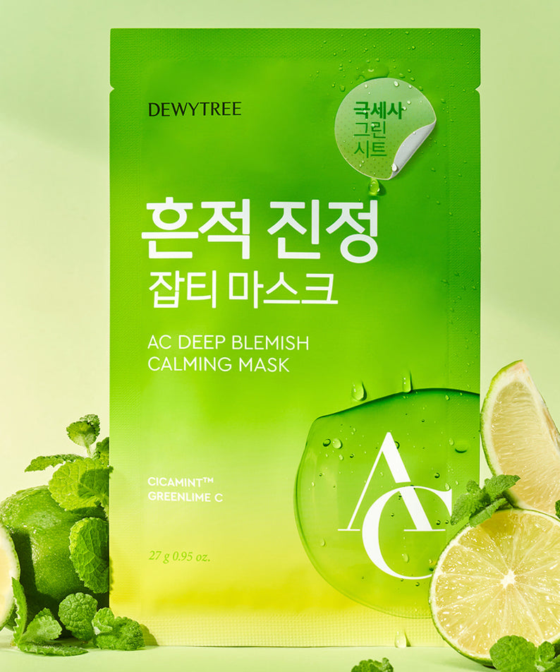 DEWYTREE AC Deep Blemish Calming Mask 10 Sheets, masque en feuilles sur fond vert avec citron, feuilles et gouttes d’eau.