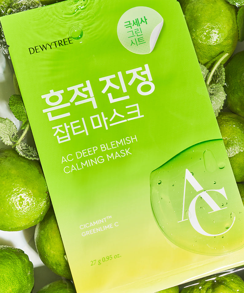 DEWYTREE AC Deep Blemish Calming Mask 10 Sheets de la marque DEWYTREE, masque vert sur citrons et feuilles.