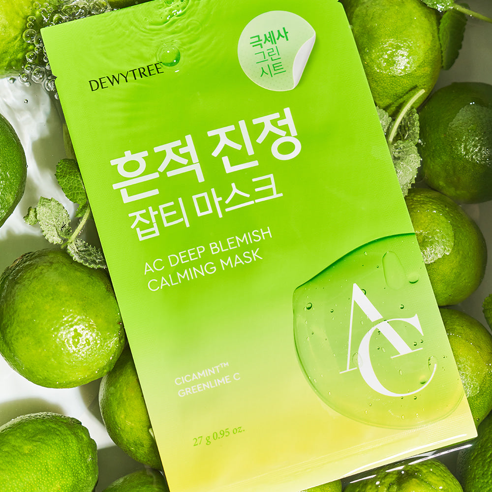 DEWYTREE AC Deep Blemish Calming Mask 10 Sheets de la marque DEWYTREE, masque vert sur citrons et feuilles.