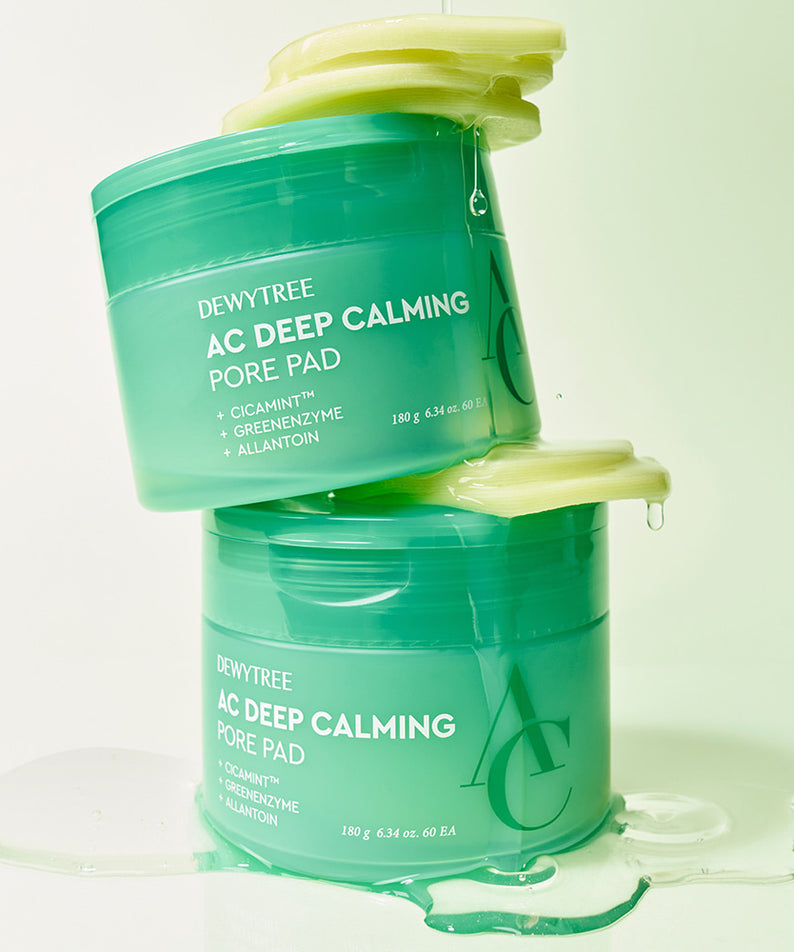 DEWYTREE AC Deep Calming Pore Pad 60 Pads de la marque DEWYTREE, flacons verts sur fond clair, pads pore apaisants