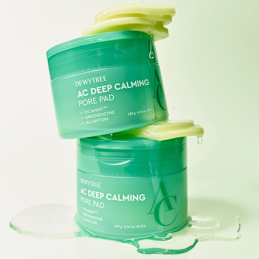 DEWYTREE AC Deep Calming Pore Pad 60 Pads de la marque DEWYTREE, flacons verts sur fond clair, pads pore apaisants