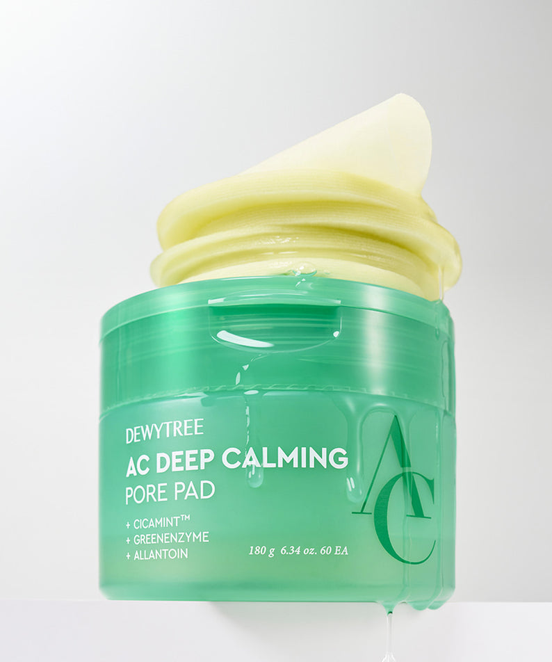 DEWYTREE AC Deep Calming Pore Pad 60 Pads de la marque DEWYTREE, pots vert et jaune sur fond blanc.