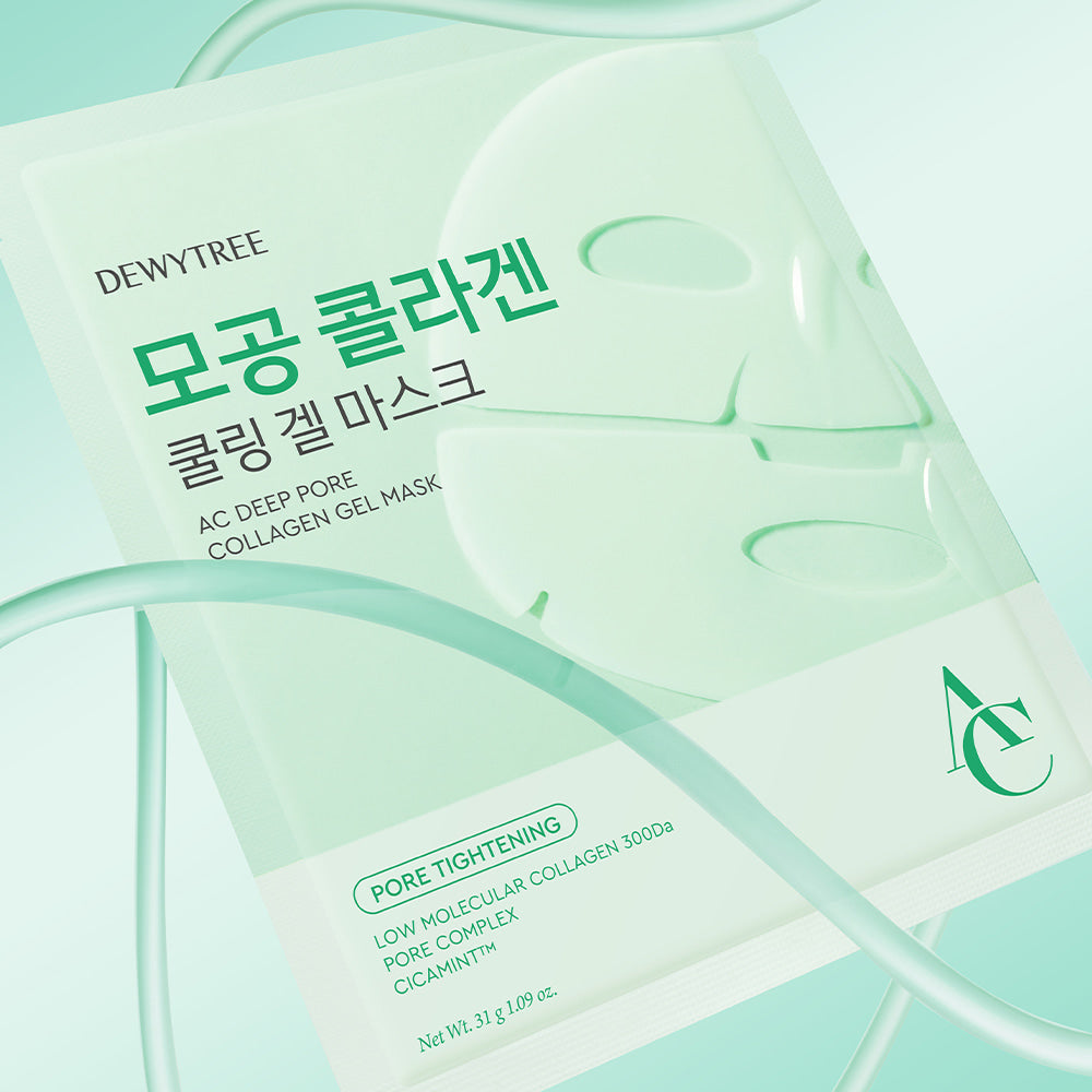 DEWYTREE AC Deep Pore Collagen Gel Mask 4 Sheets, pack de masques à gel collagène, marque DEWYTREE sur fond vert clair