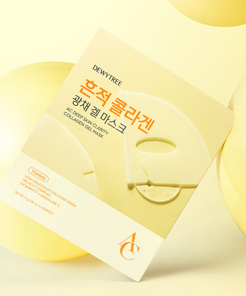 DEWYTREE AC Deep Skin Clarity Collagen Gel Mask 4 Sheets de DEWYTREE, masque en gel sur fond jaune lumineux