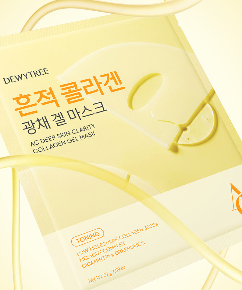 DEWYTREE AC Deep Skin Clarity Collagen Gel Mask 4 Sheets, masques en feuilles de gel, pack jaune DEWYTREE en gros plan