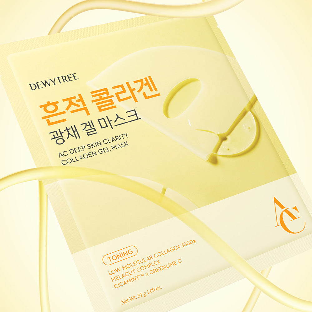 DEWYTREE AC Deep Skin Clarity Collagen Gel Mask 4 Sheets, masques en feuilles de gel, pack jaune DEWYTREE en gros plan