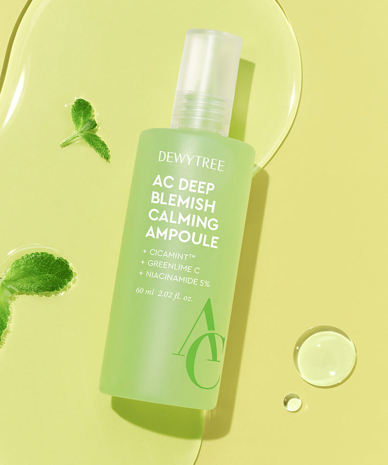 DEWYTREE AC Deep Trace Soothing Ampoule Planning Set 60ml pour apaiser la peau, avec menthe et gouttes d'eau sur fond vert.
