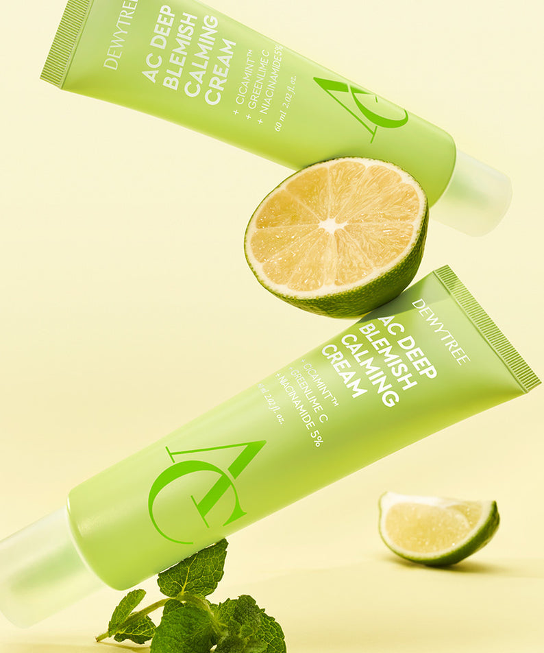 Image du DEWYTREE AC Deep Trace Soothing Cream 60ml, tubes verts avec citron et feuilles, soin apaisant de la peau.