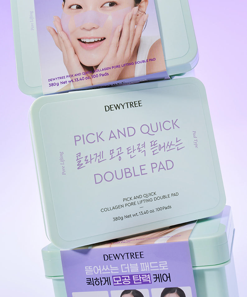 DEWYTREE Pick & Quick Collagen Pore Elasticity Tear-Off Double Pad 100 sheets en boîtes empilées sur fond violet