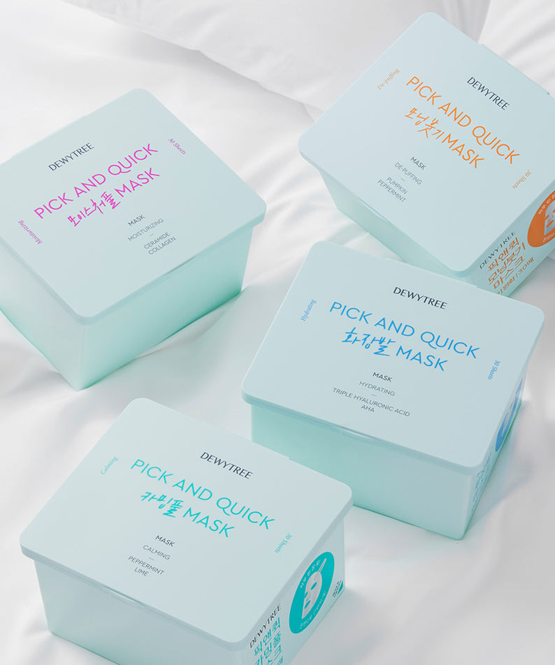 Les masques DEWYTREE Pick & Quick Pull-Out Mask 30 sheets sur un lit blanc, parfaits pour un soin rapide et efficace.