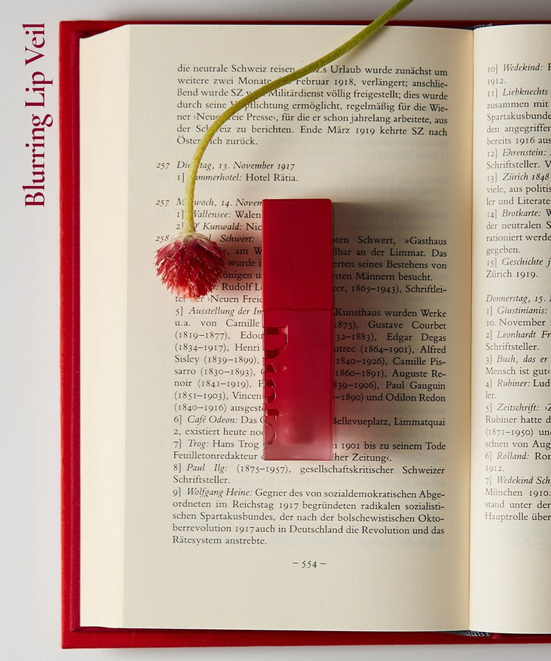 Rouge DINTO Blurring Lip Veil posé sur un livre ouvert avec une fleur, maquillage élégant et moderne.