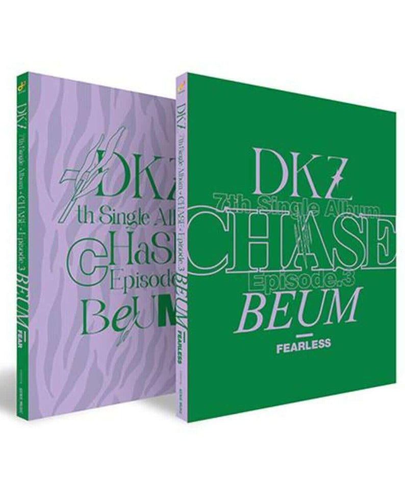 DK - DKZ 7th Single[CHASE EPISODE 3. BEUM](FEAR ver.) - Album Kpop DK, jaquettes vertes et violettes en studio.