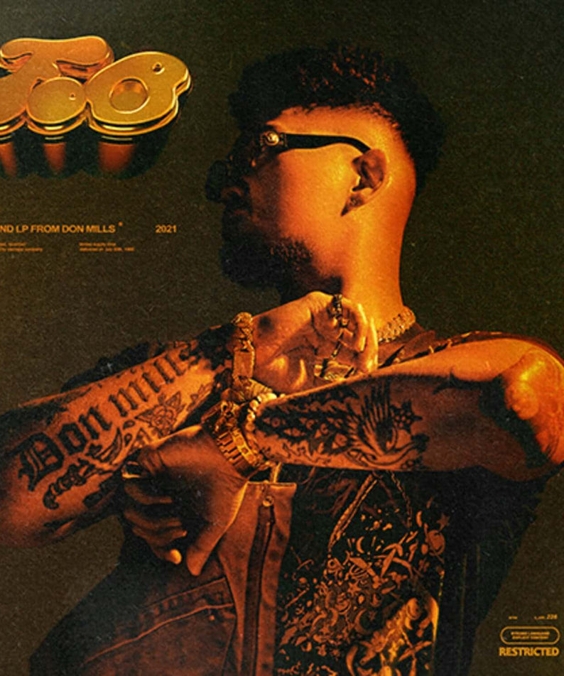 DON MILLS - [F.O.B.] - Album Kpop : visuel noir/orange avec artiste tatoué et détails dorés du disque