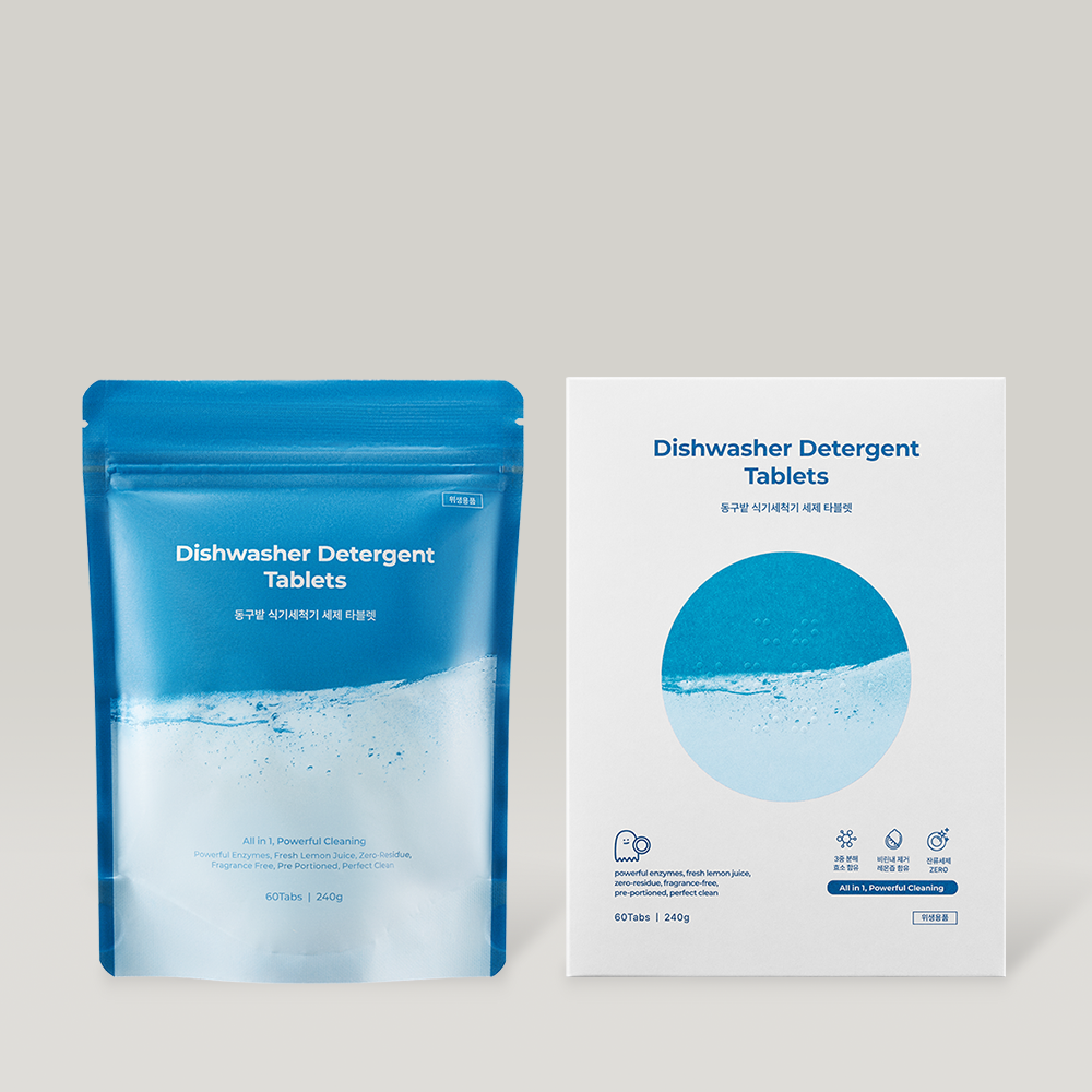 DONGGUBAT Dishwasher Detergent Tablets 60 240g, marque sur sachet et boîte, contexte cuisine, vue produit