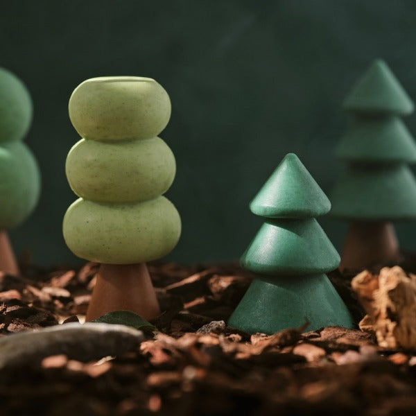 DONGGUBAT Forest Village Woody Perfume Bar Set (Bloom Wood+Herb Wood+Juicy Wood), la marque, dans un décor forêt vert.