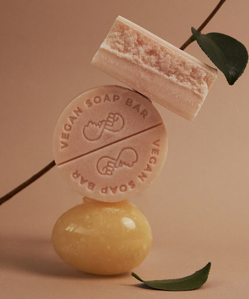 DONGGUBAT Vegan Shampoo Bar Dongbaek : savon solide végan sur fond beige, décor avec brindille et agrume, marque DONGGUBAT