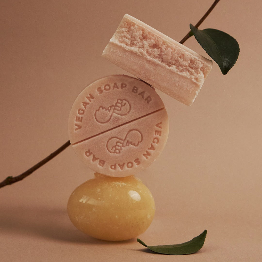 DONGGUBAT Vegan Shampoo Bar Dongbaek : savon solide végan sur fond beige, décor avec brindille et agrume, marque DONGGUBAT