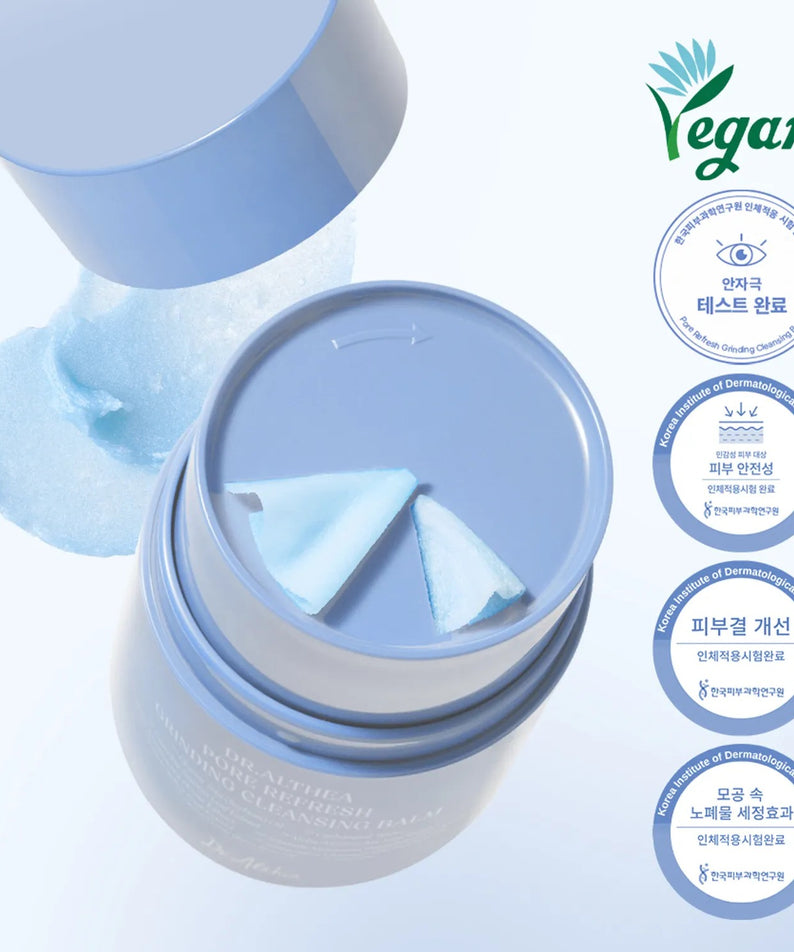 DR.ALTHEA Pore Refresh Grinding Cleansing Balm 50ml, baume nettoyant vegan pour pores, 50ml ouvert avec texture visible et logos certifications