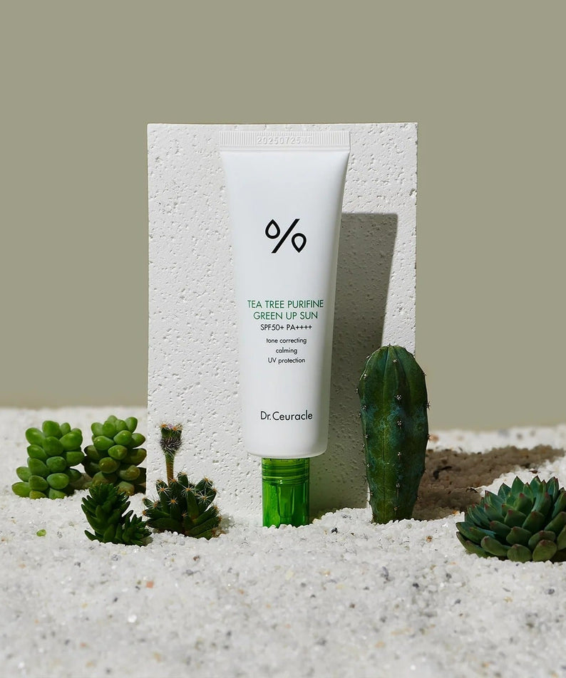 DR.CEURACLE Tea Tree Purifine Green Sup Sun 50ml avec plantes succulentes en fond, protection solaire naturelle.