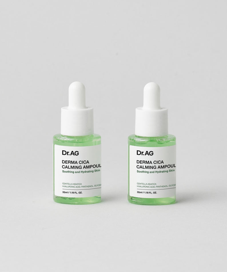 DR.AG Derma Cica Calming Ampoule 30ml, flacons de la marque Dr.AG sur fond clair, visuel produit cosmétique apaisant.