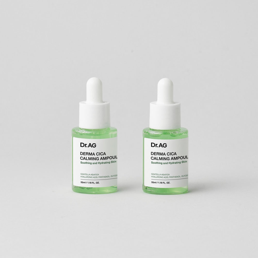 DR.AG Derma Cica Calming Ampoule 30ml, flacons de la marque Dr.AG sur fond clair, visuel produit cosmétique apaisant.