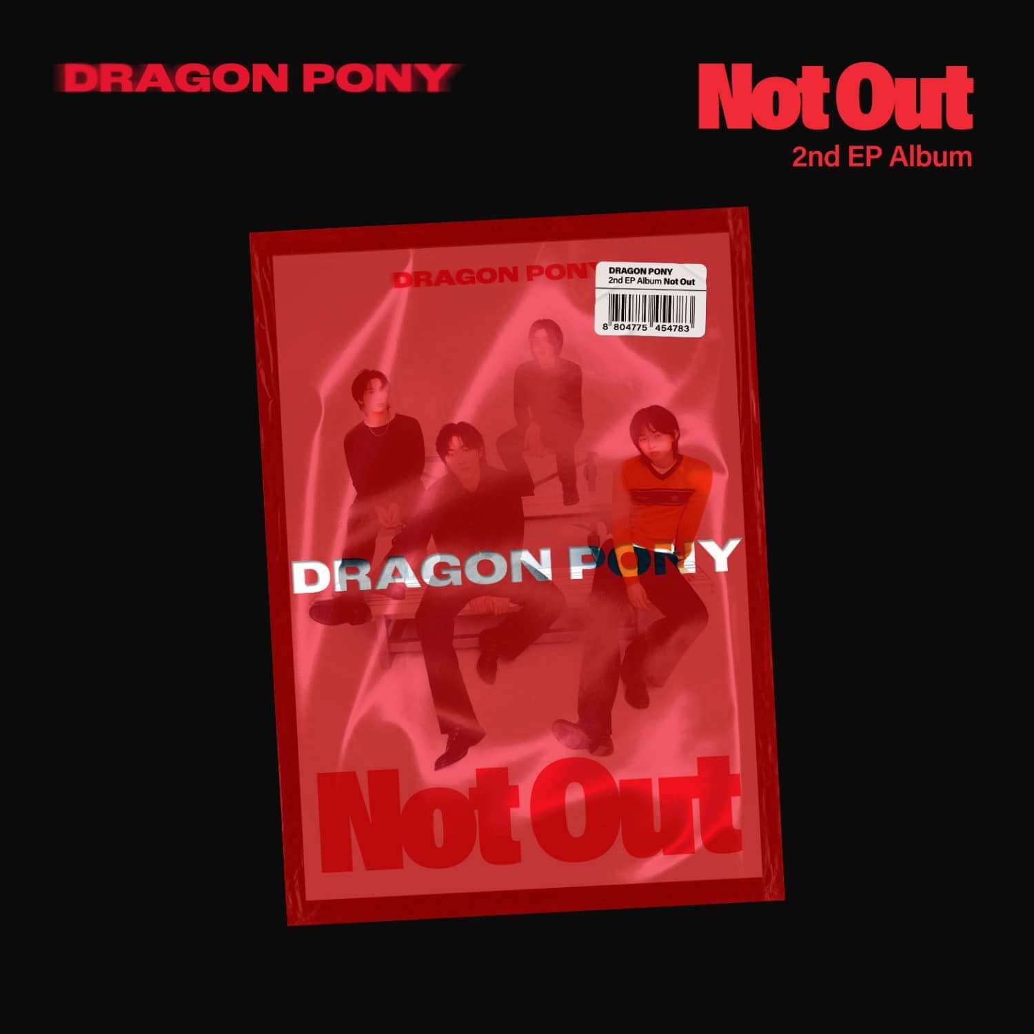 DRAGON PONY - EP [Not Out] - Album Kpop : pochette rouge Not Out avec groupe sur fond noir, DRAGON PONY