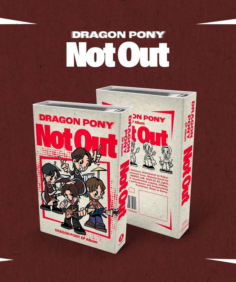 DRAGON PONY - EP [Not Out] (NEMO) - Album Kpop, boîtiers sur fond rouge avec visuels du groupe DRAGON PONY