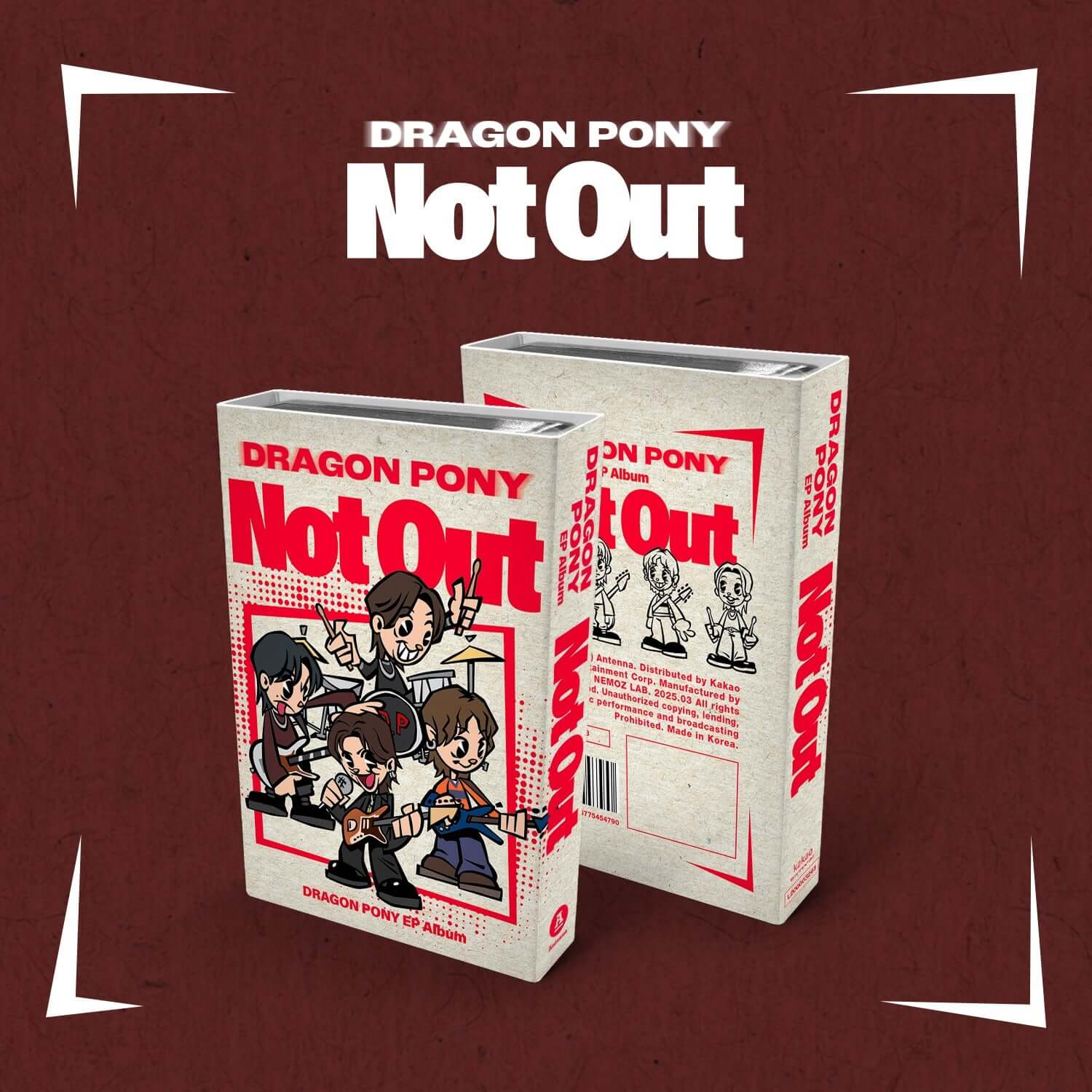 DRAGON PONY - EP [Not Out] (NEMO) - Album Kpop, boîtiers sur fond rouge avec visuels du groupe DRAGON PONY