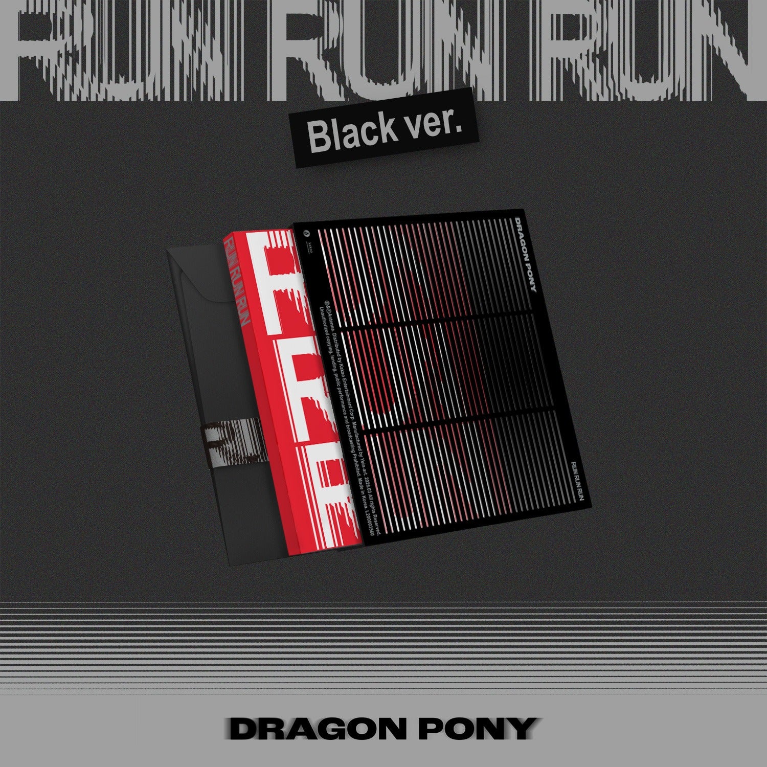 DRAGON PONY - [RUN RUN RUN] (BLACK VER.) - Album Kpop, visuel noir et rouge sur fond sombre, coffret produit DRAGON PONY