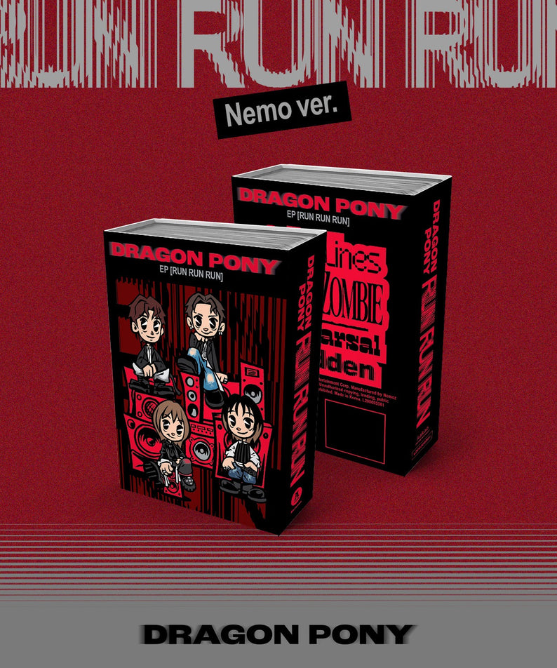 DRAGON PONY - [RUN RUN RUN] (NEMO ALBUM) - Album Kpop, visuel packaging rouge avec “Nemo ver.”, coffrets DRAGON PONY