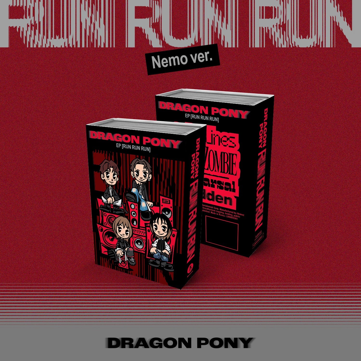 DRAGON PONY - [RUN RUN RUN] (NEMO ALBUM) - Album Kpop, visuel packaging rouge avec “Nemo ver.”, coffrets DRAGON PONY