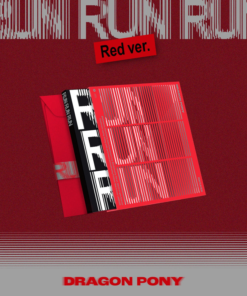 DRAGON PONY - [RUN RUN RUN] (RED VER.) - Album Kpop : visuel rouge avec le disque et l’étui, branding DRAGON PONY.