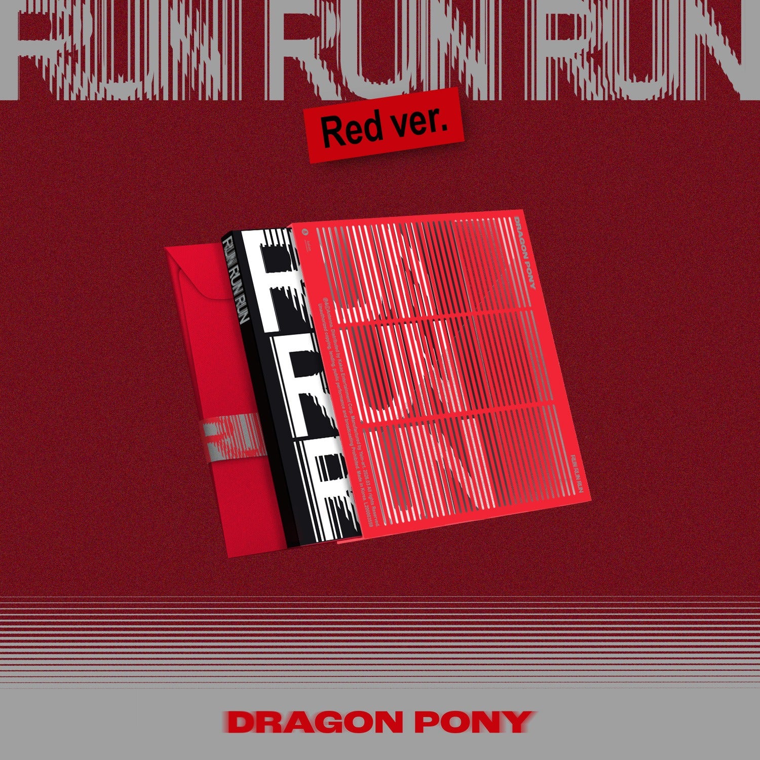 DRAGON PONY - [RUN RUN RUN] (RED VER.) - Album Kpop : visuel rouge avec le disque et l’étui, branding DRAGON PONY.