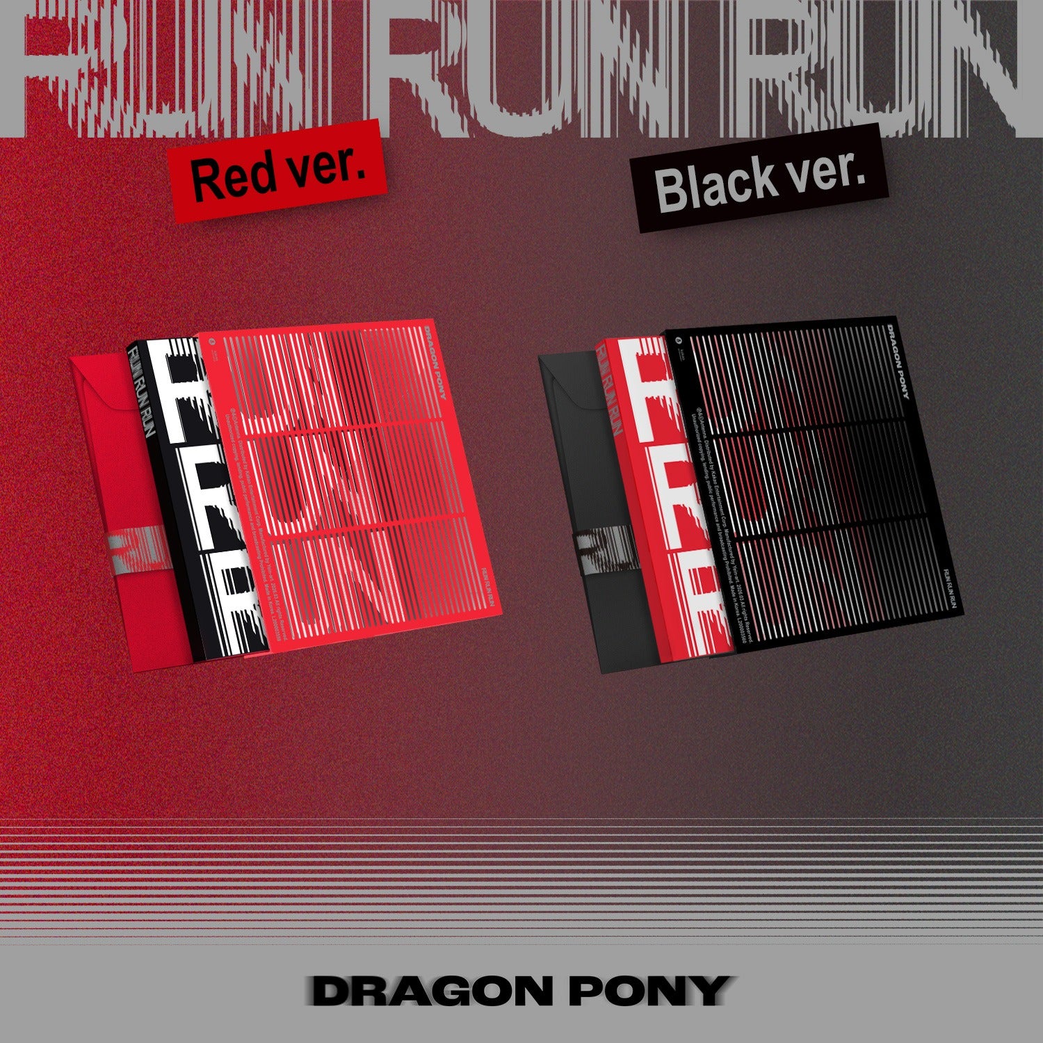DRAGON PONY - [RUN RUN RUN] (SET VER.) - Album Kpop, coffret Red ver. et Black ver. sur fond graphique rouge/noir
