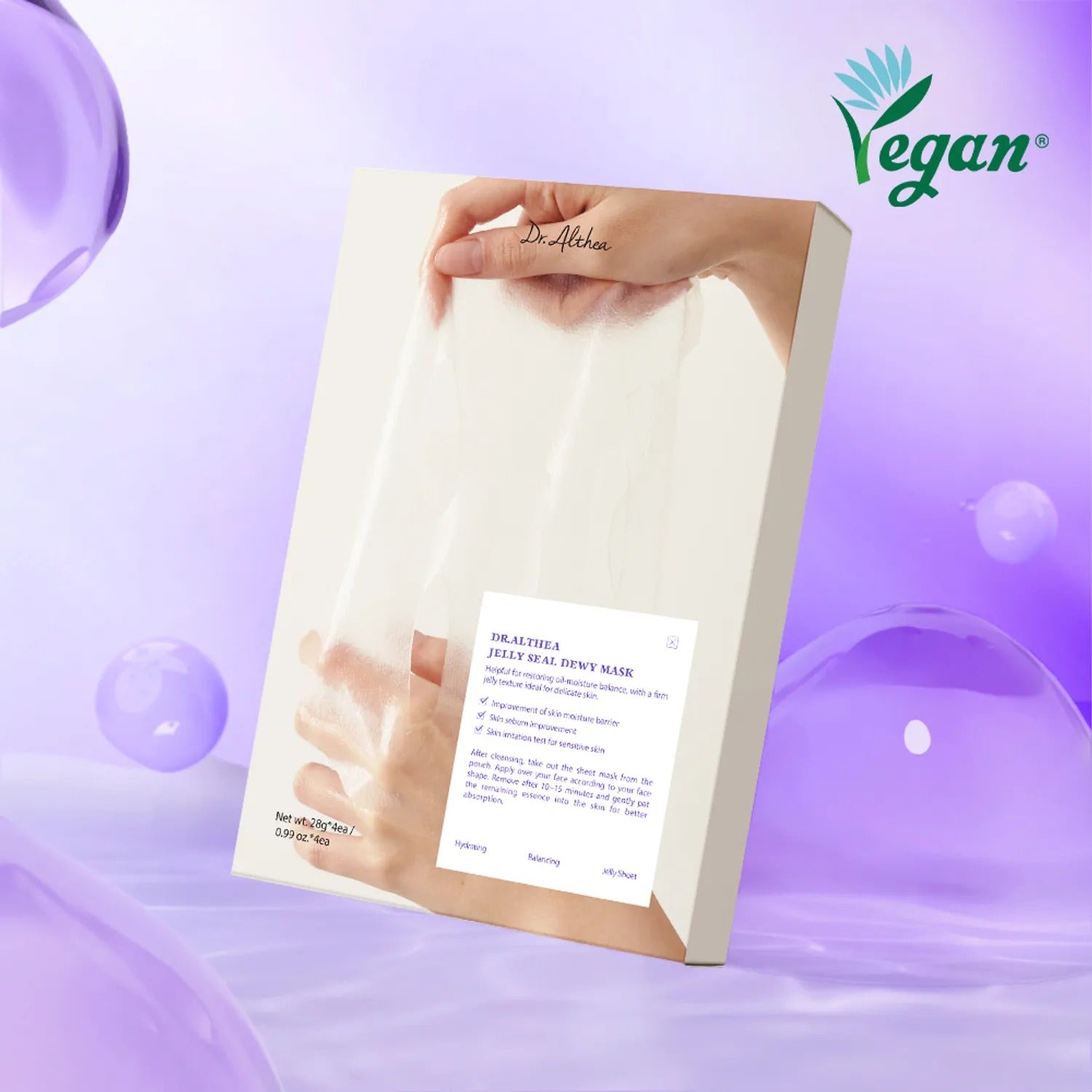 DR.ALTHEA Jelly Seal Dewy Mask (4ea) de Dr.Althea, emballage sur fond violet avec bulles, logo Vegan
