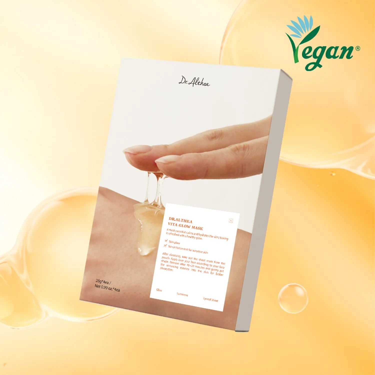 DR.ALTHEA Vita glow Mask (4ea) de Dr.Althea, masque visage en main sur fond jaune lumineux, photo produit
