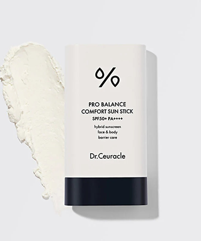 DR.CEURACLE Pro Balance Comfort Sun Stick 18g, stick solaire Dr.Ceuracle sur fond clair, texture crème à côté.
