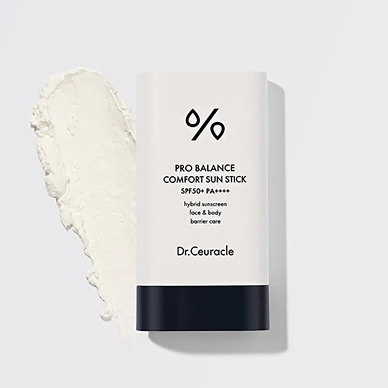 DR.CEURACLE Pro Balance Comfort Sun Stick 18g, stick solaire Dr.Ceuracle sur fond clair, texture crème à côté.