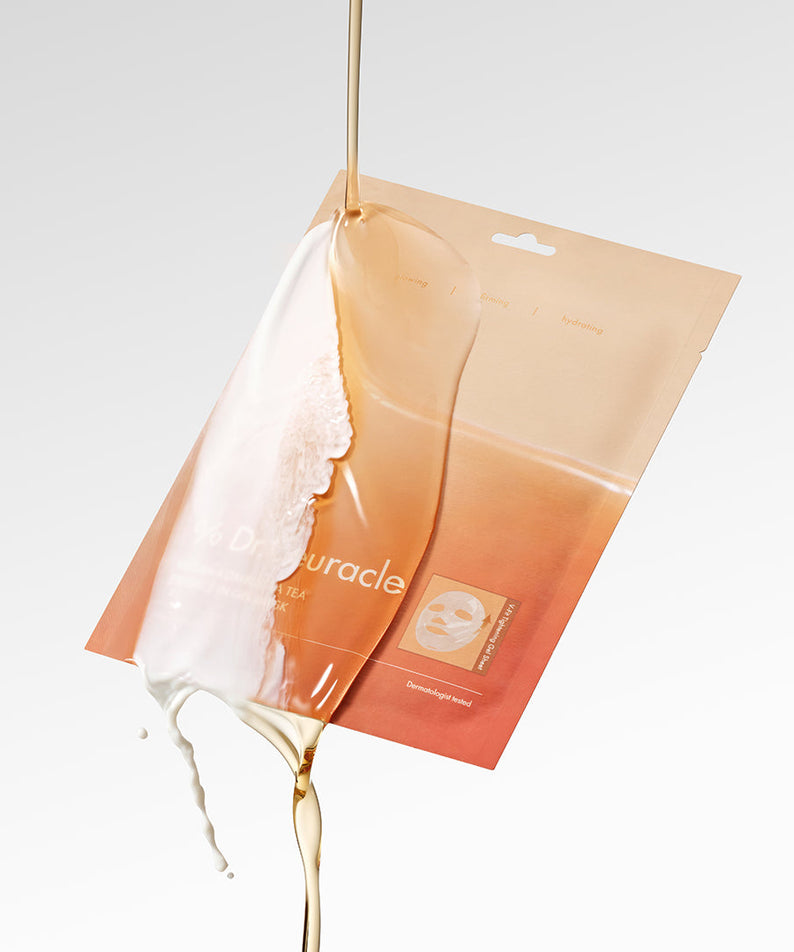 DR.CEURACLE Vegan Kombucha Tea Essence-in-Gel Mask, masque gel de la marque, sachet sur fond blanc, gouttes d’essence